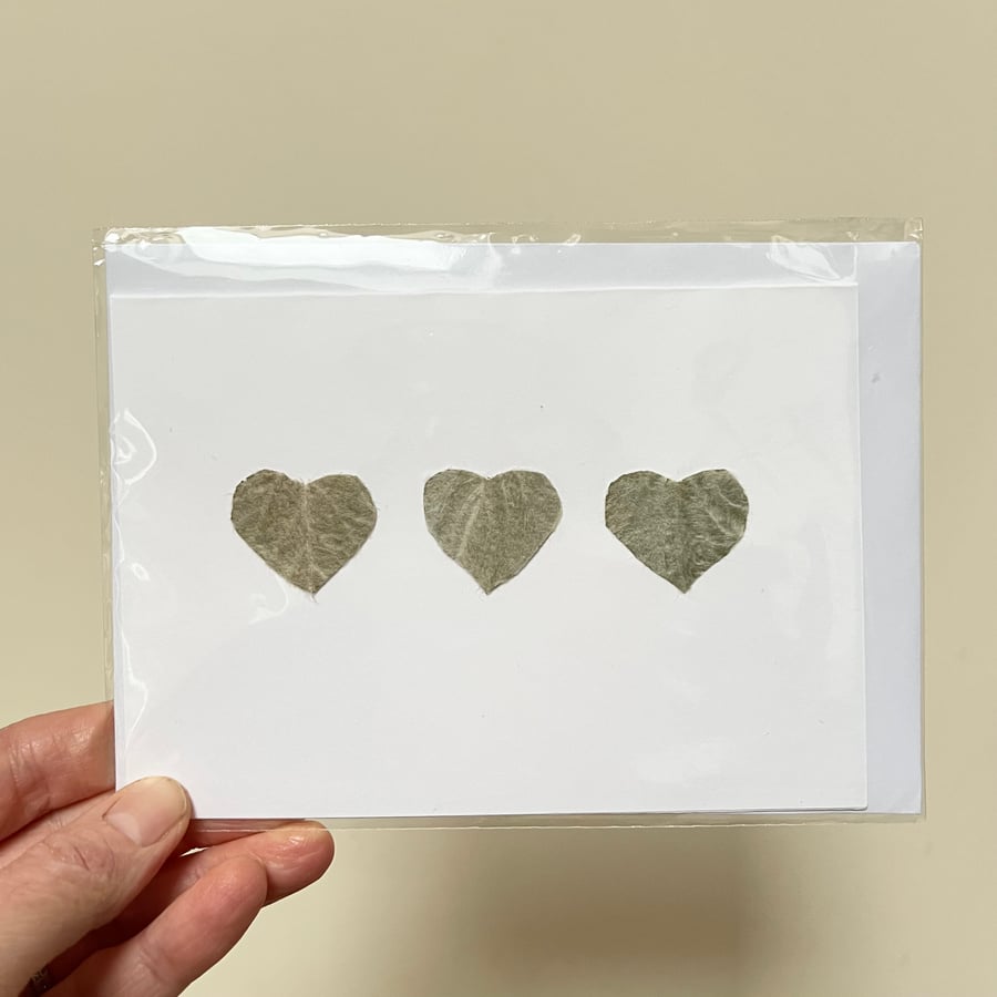 Perfectly Imperfect Real Pressed Leaf Trio of Hearts Handmade Card