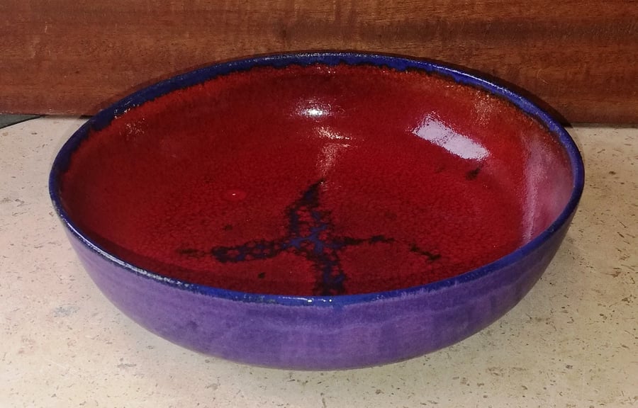 Vibrant red crackle and purple stoneware shallow bowl plates