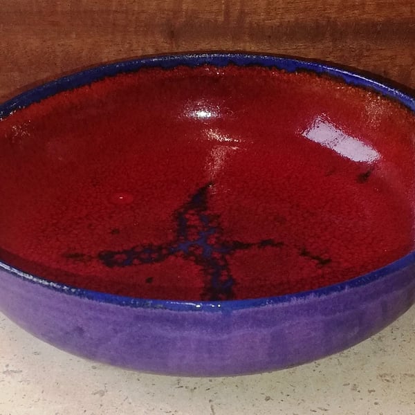 Vibrant red crackle and purple stoneware shallow bowl plates