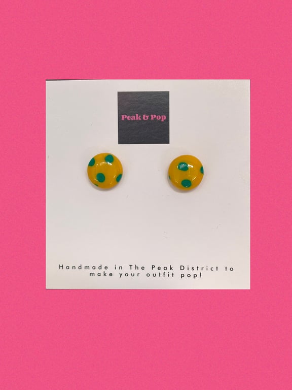Yellow & Green Polka Dot Studs Fun, bold clay earrings with resin finish 