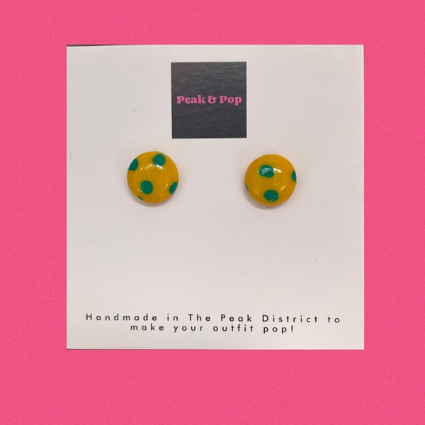 Yellow & Green Polka Dot Studs Fun, bold clay earrings with resin finish 