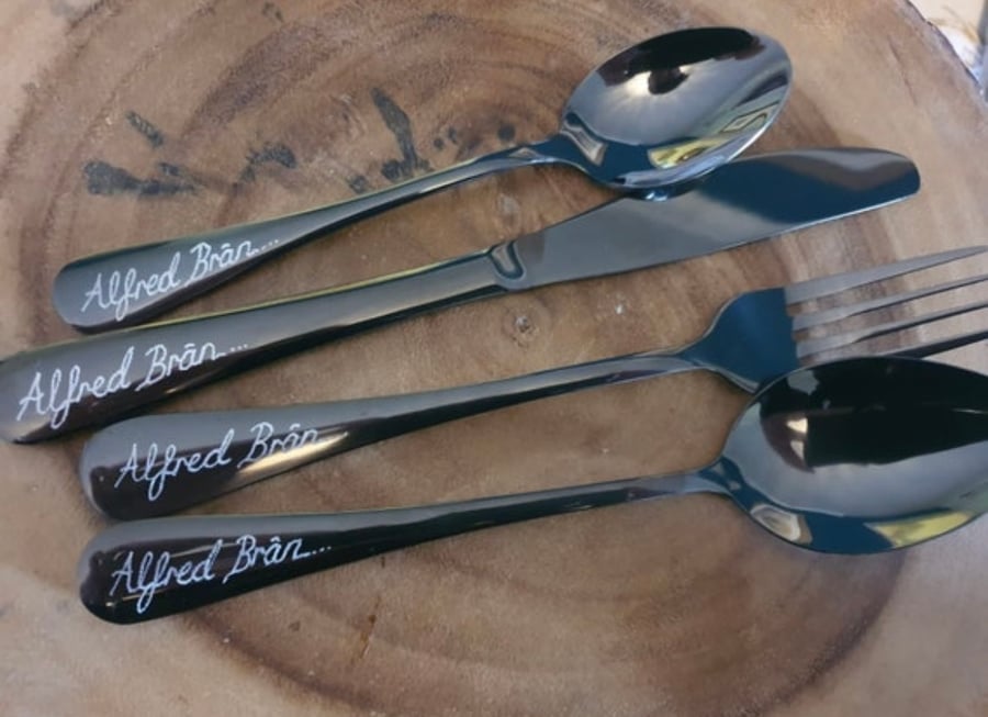 Personalised adult size black cutlery set
