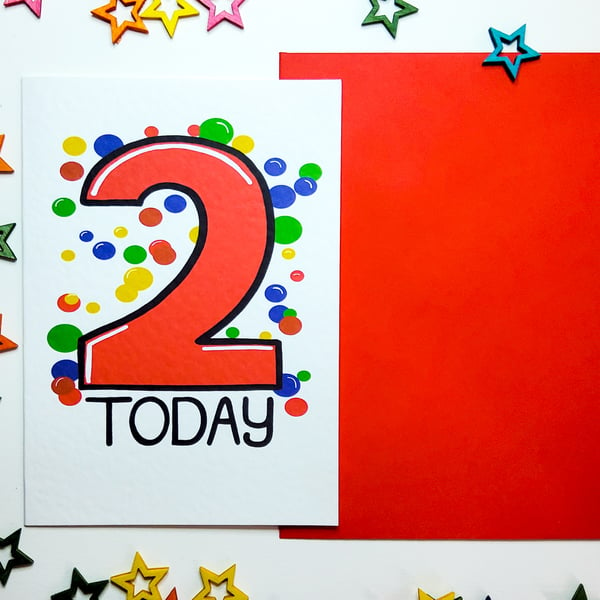 2 TWO TODAY Birthday Card in Red for Two Year Old Child Grandchild Niece Nephew 