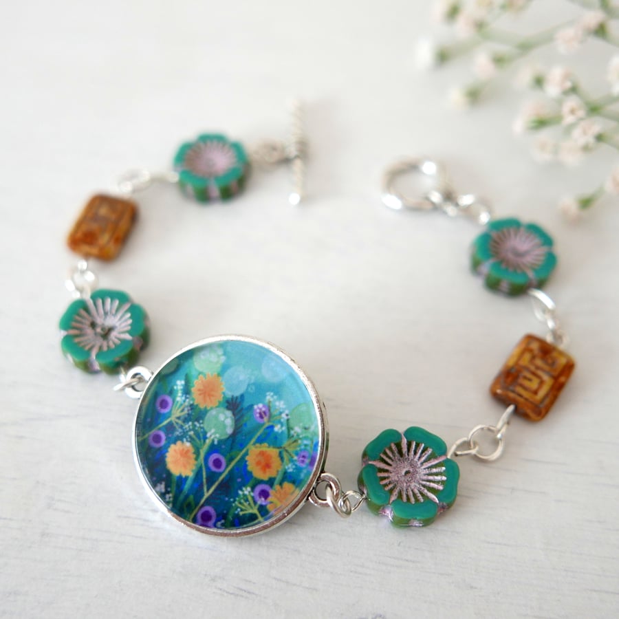 Blue and Yellow Floral Bracelet, Dandelions, Meadow, Art Jewellery