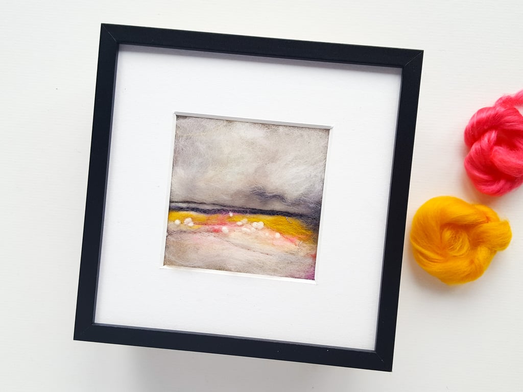 Original fibre art,  a felted textile landscape of A frosty morning on the coast