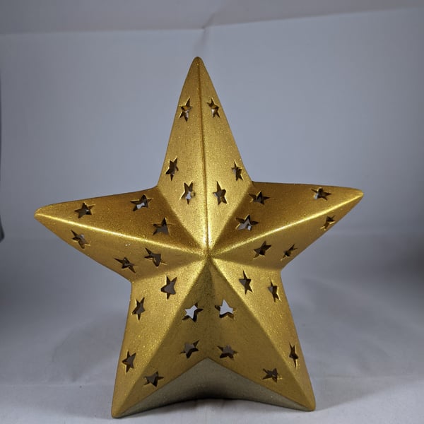 Gold Glittery Ceramic Xmas Christmas Star Candle Tea Light Holder Decoration.