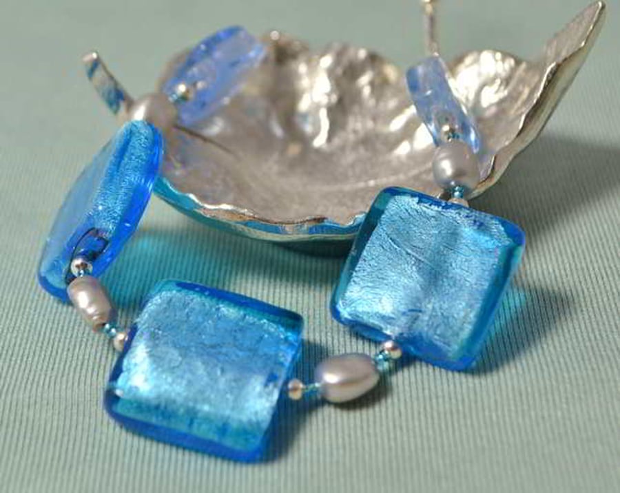 Blue Murano Glass & Grey Pearl Bracelet
