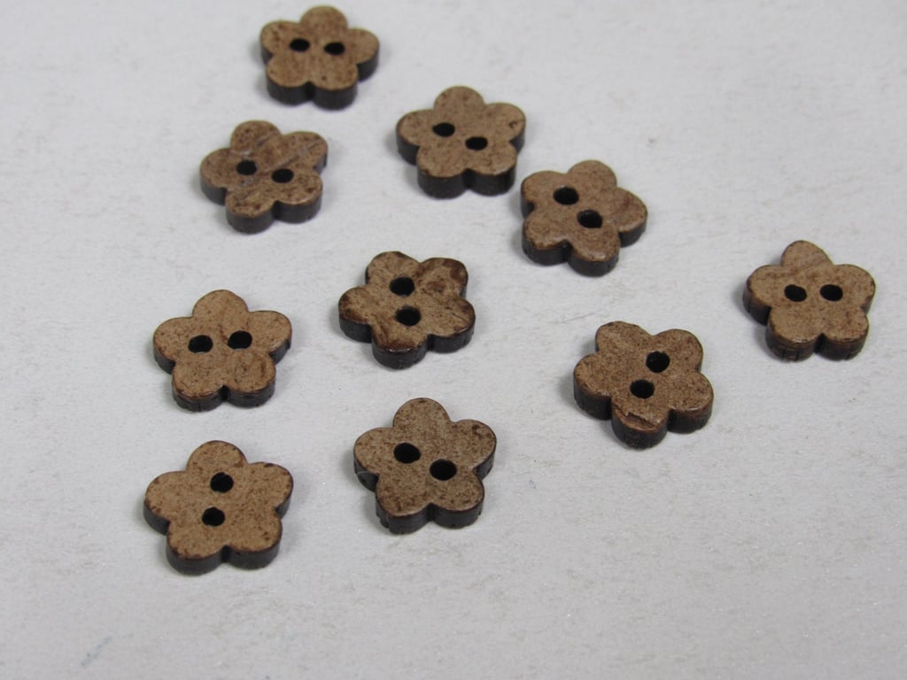 10 Small Dark 11mm Flower Shaped Coconut Buttons