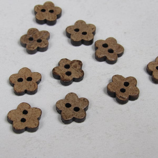 10 Small Dark 11mm Flower Shaped Coconut Buttons