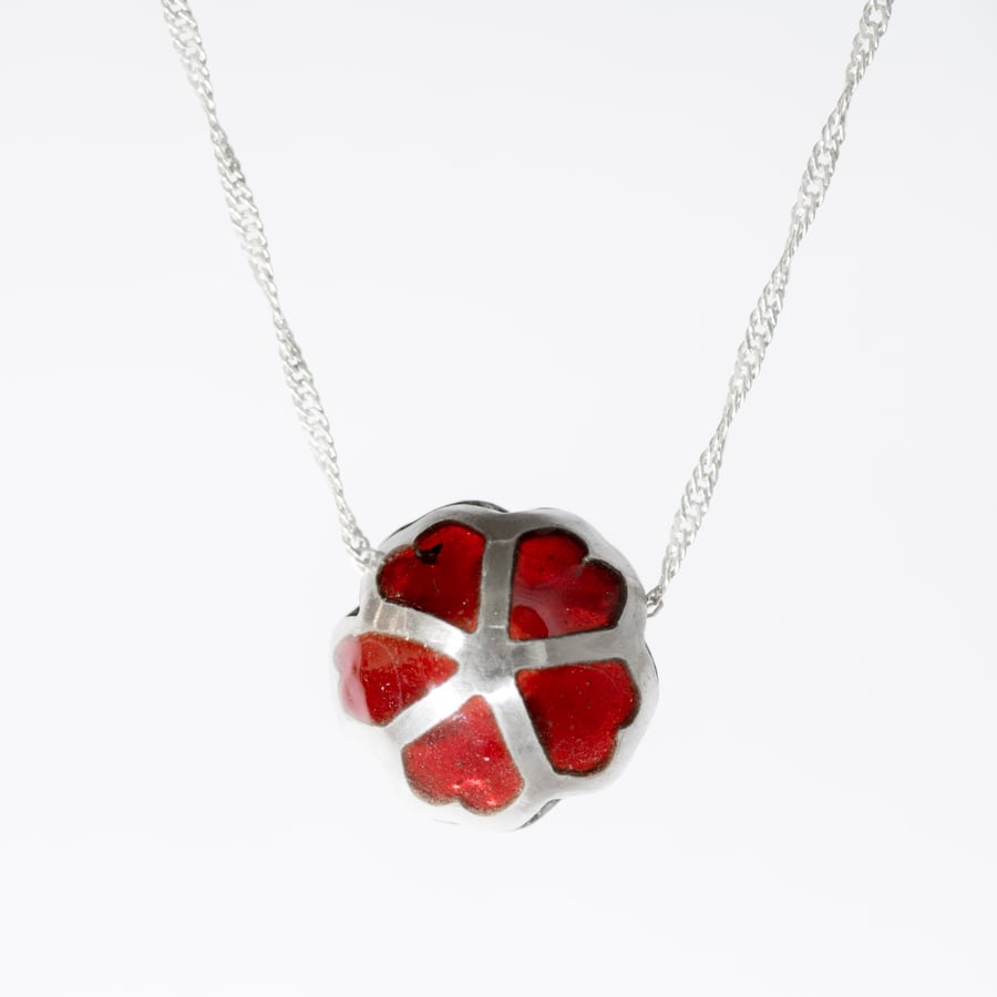 Plique a jour Flower Pendant, Enamelled Hearts Silver Necklace