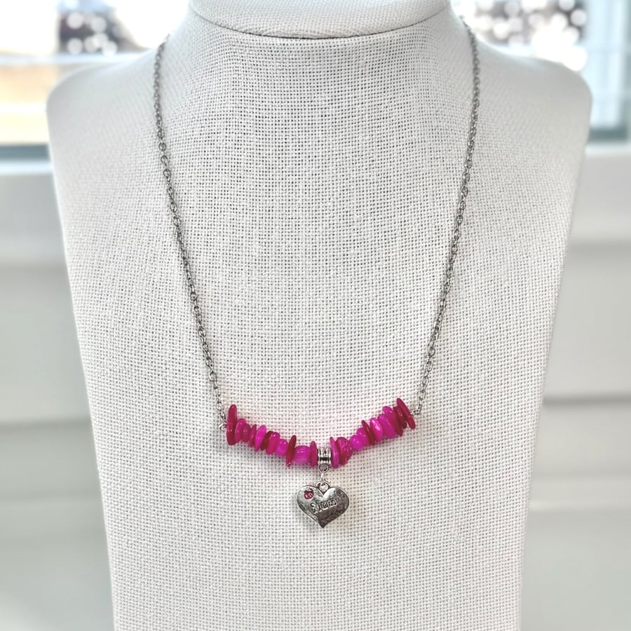 Stainless Steel Necklace with Shell Chip Beads and Heart Mum Charm