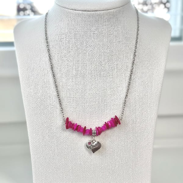 Stainless Steel Necklace with Shell Chip Beads and Heart Mum Charm