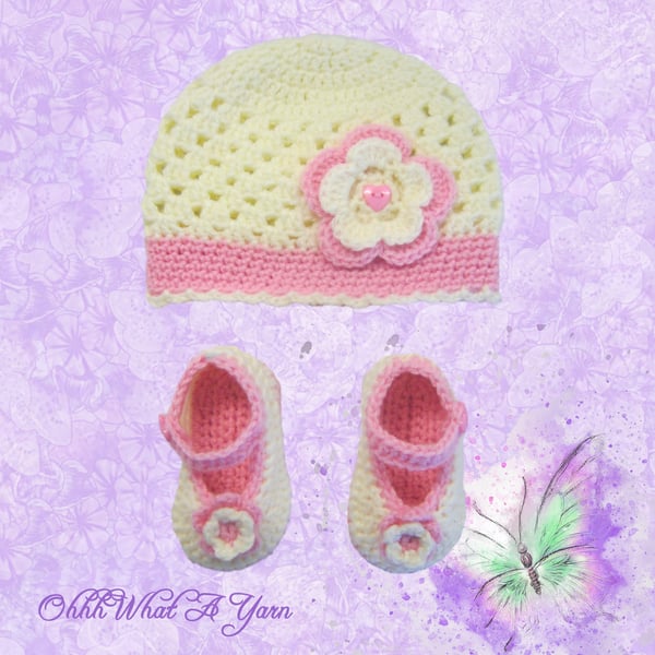 Pink and cream baby hat and shoes set, size  3-6 months