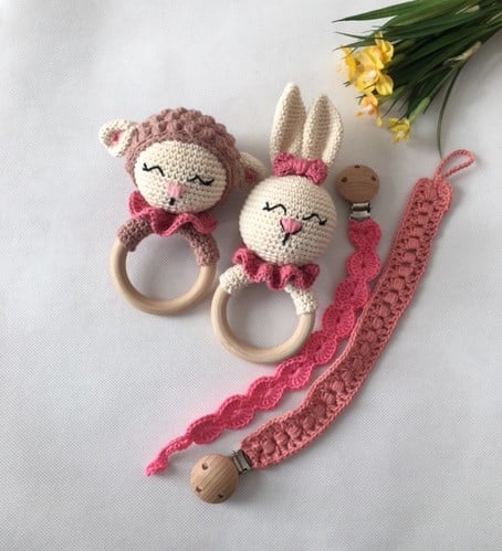 CROCHET CUTE BABY RATTLE with PACIFIER CLIP