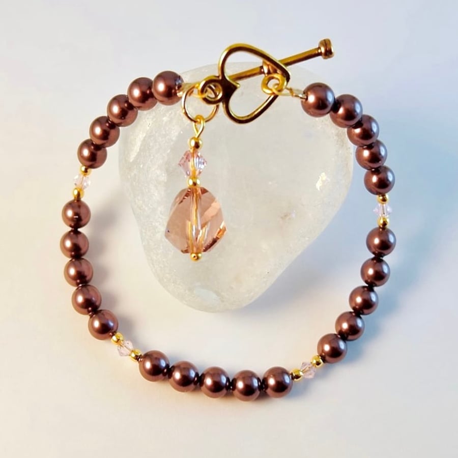 Glass Pearl Bracelet With Crystals & Charm - Handmade Gift, Birthday, Wedding