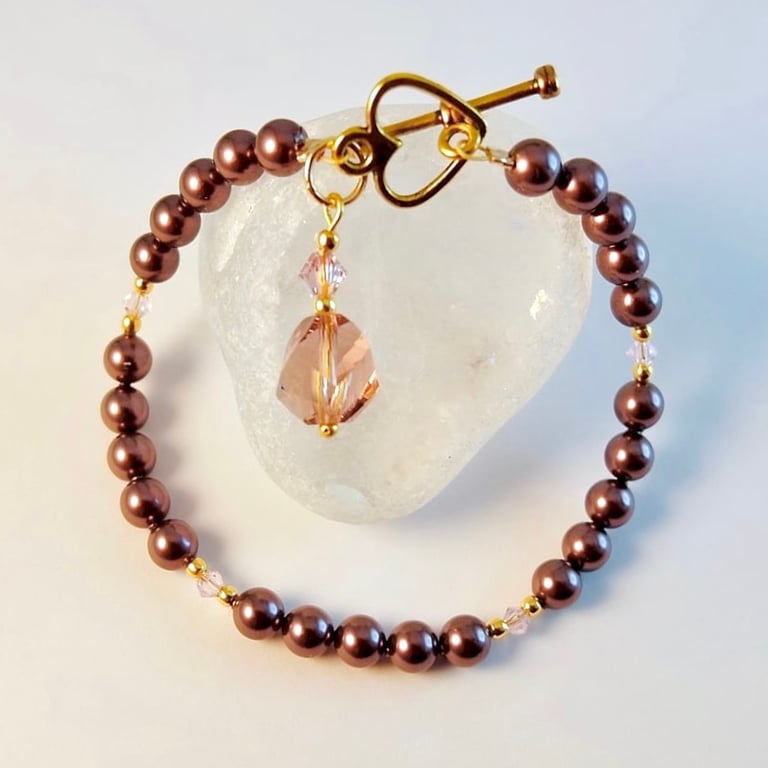 Glass Pearl Bracelet With Crystals & Charm - Handmade Gift, Birthday, Wedding