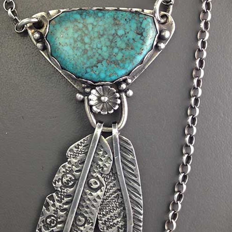 Kingman turquoise and silver feather necklace