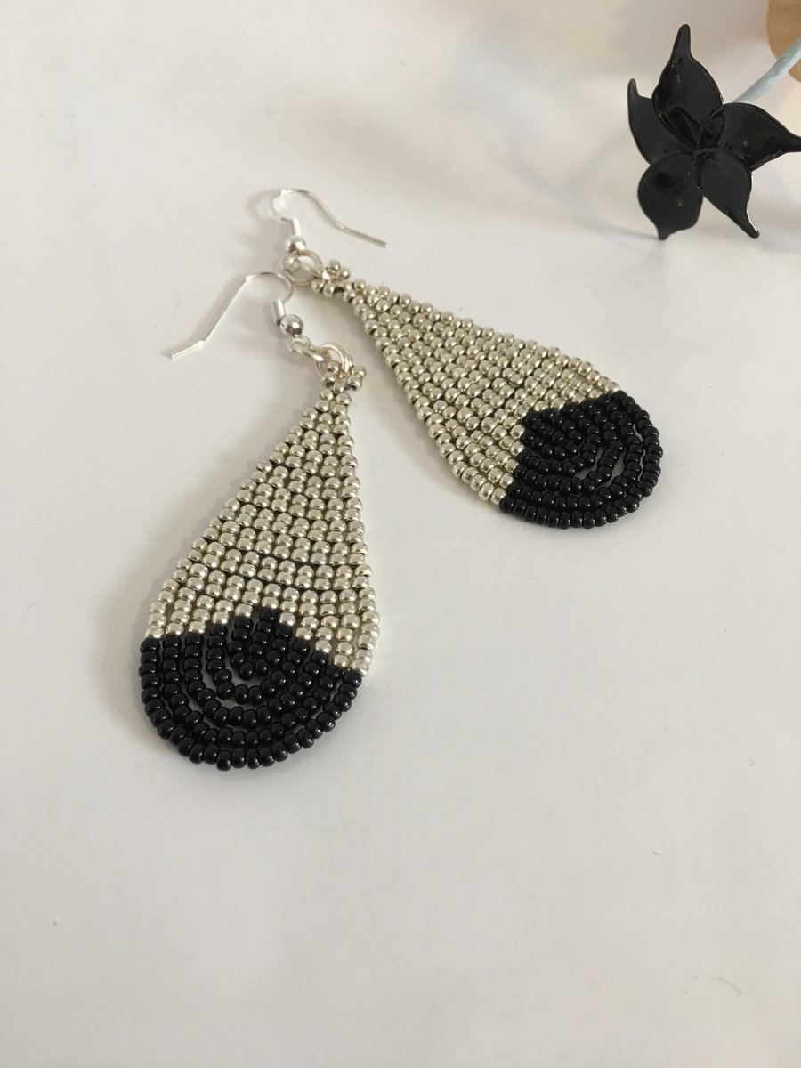 Handwoven Earrings Silver and Black Teardrop Drop Dangle Bead Jewellery