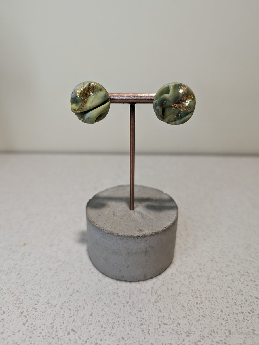 Green marble drape stud polymer clay earrings 