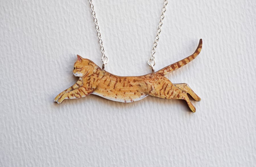Ginger Tabby Cat Necklace,  Illustrated Wooden Jewellery,  eco friendly gift