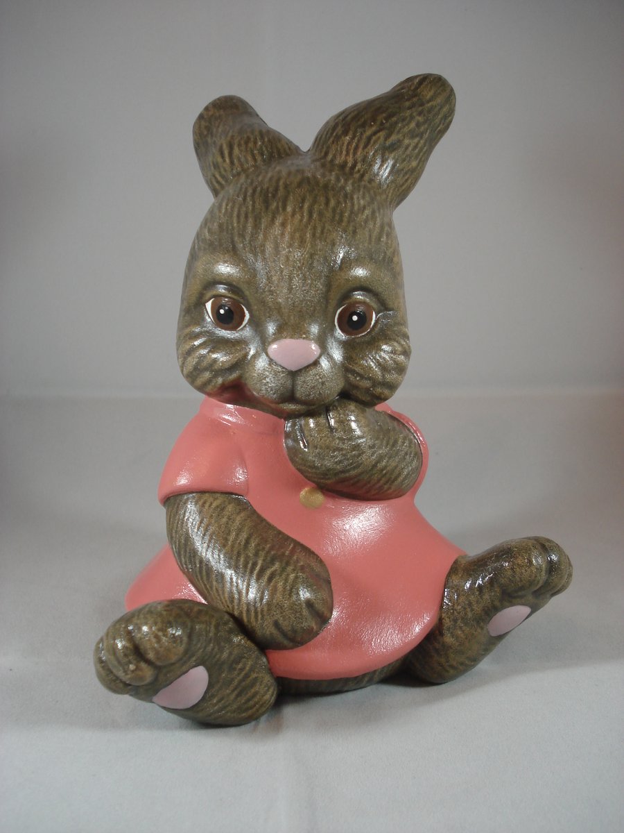 Ceramic Hand Painted Cute Brown Bunny Rabbit Girl Animal Figurine Ornament.