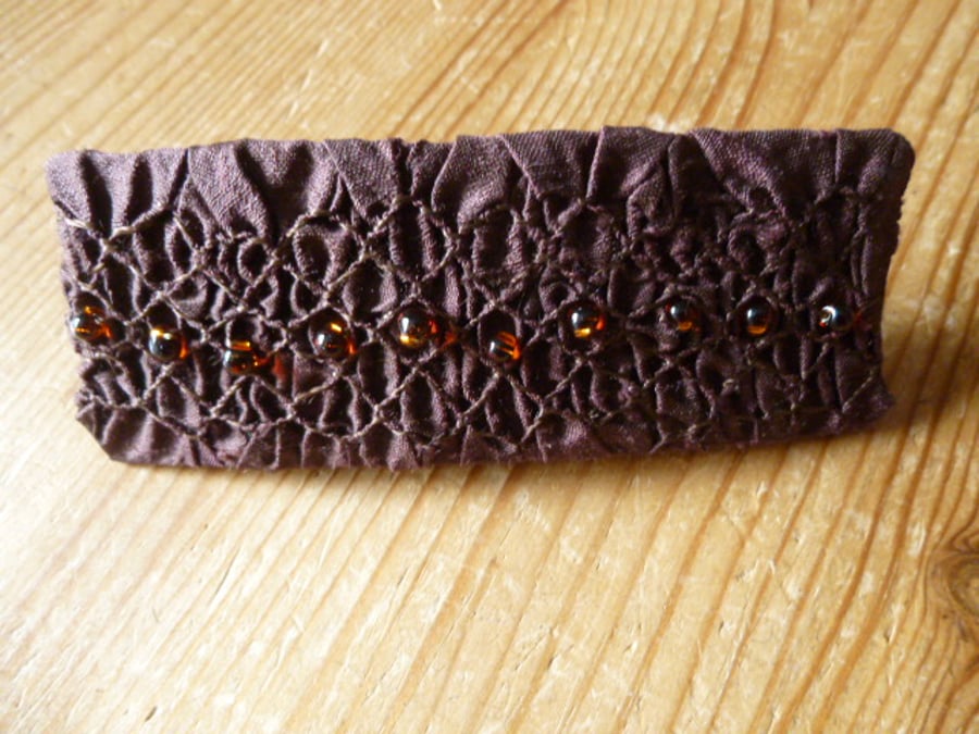 Hand Smocked and Beaded Dark Brown Silk Hair Clip, H10