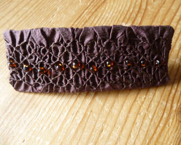 Hand Smocked and Beaded Dark Brown Silk Hair Clip, H10