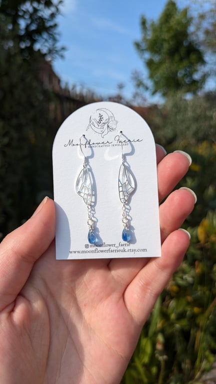 Blue Kyanite Fairy Sterling Earrings, Wire Wrapped Gemstone Silver Jewellery 