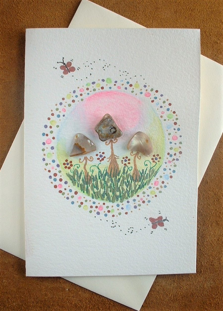 "Fairytale  Toadstools" Greeting Card with Mother of Pearl Toadstools