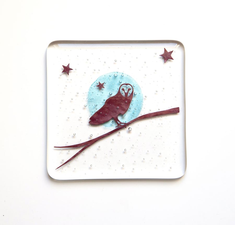Night Owl Fused Glass Coaster, bird watcher, gift for nature lover, 