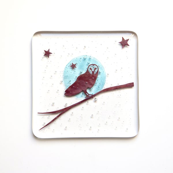 Night Owl Fused Glass Coaster, bird watcher, gift for nature lover, 