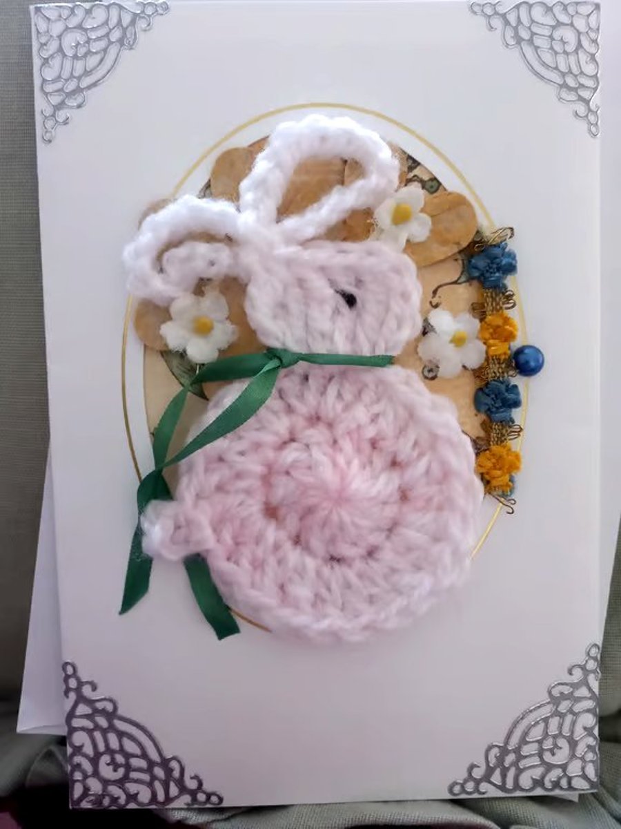 Pretty Rabbit Aperture Card  -  Cosy Crochet Rabbit Card -  Treasured Keepsake