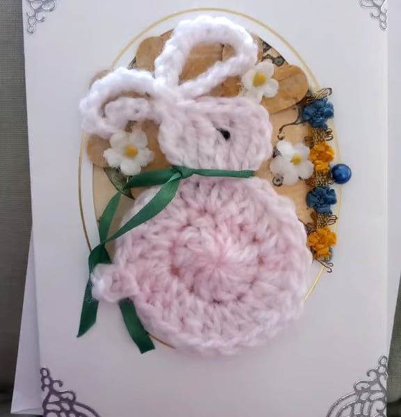 Pretty Rabbit Aperture Card  -  Cosy Crochet Rabbit Card -  Treasured Keepsake