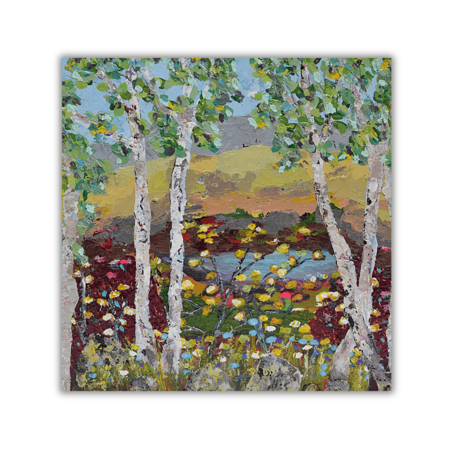 Framed acrylic painting - trees - landscape - Scotland - silver birch trees