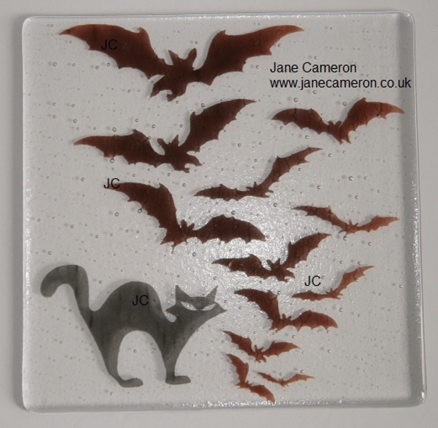 Plate or Trivet - Cats and Bats fused glass