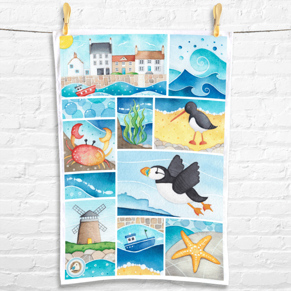 Seaside Tea Towel - Coastal Nautical Kitchen Gifts - Puffin, Oystercatcher, Boat