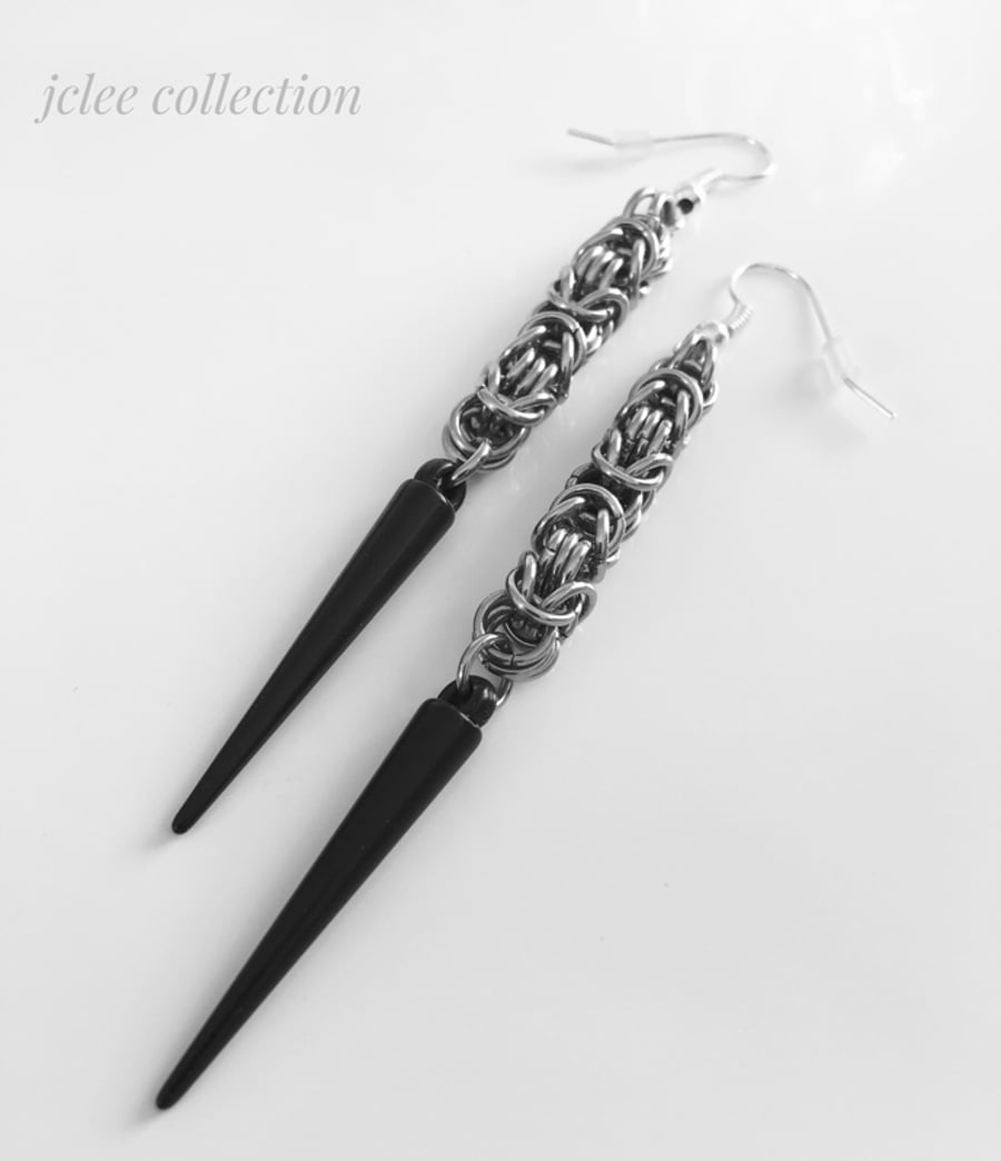 Stainless Steel Byzantine Spike Earrings with Black Spike Dangles