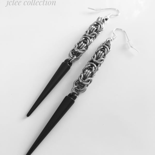 Stainless Steel Byzantine Spike Earrings with Black Spike Dangles