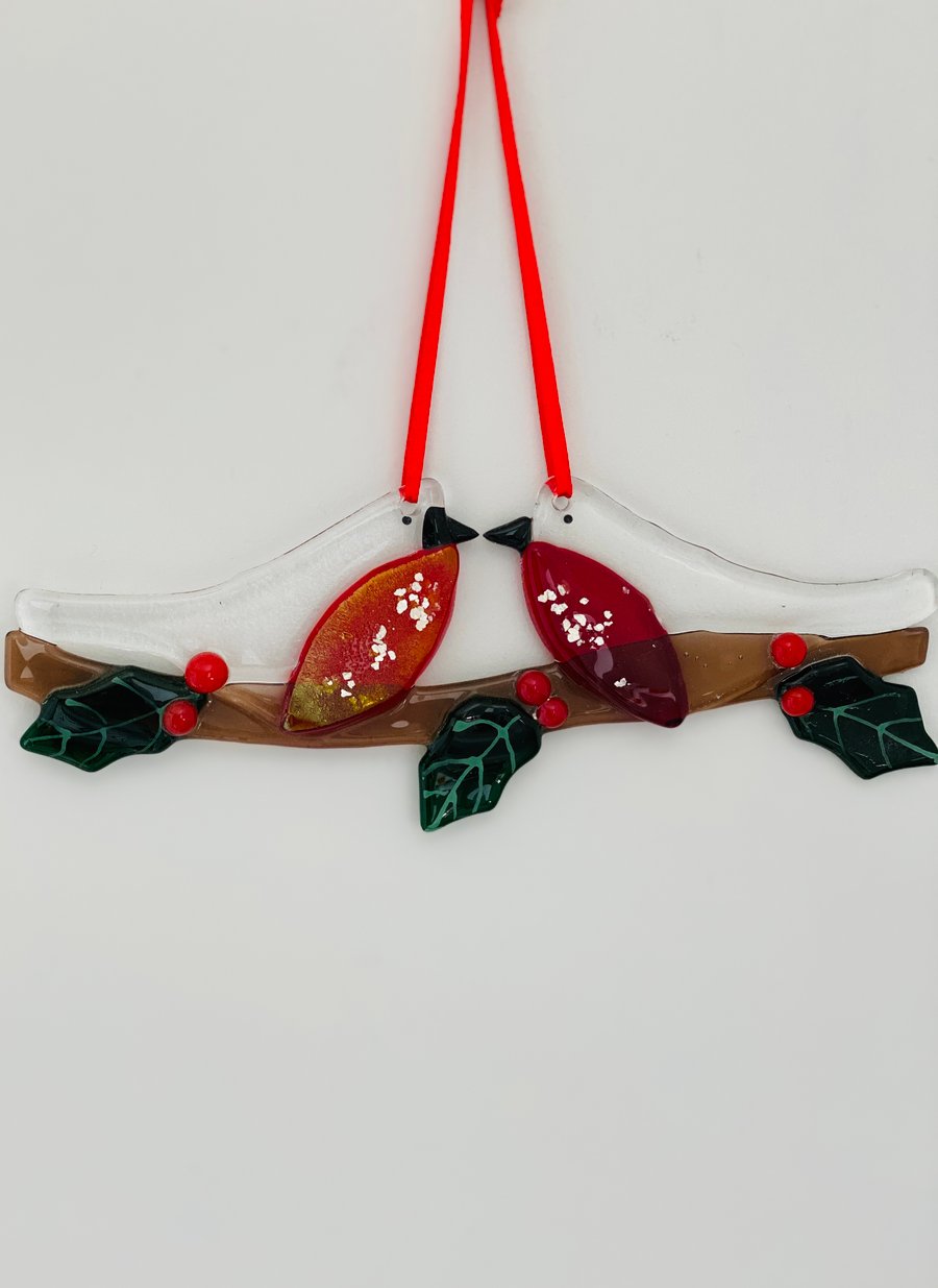 Fused glass robins hanging decoration