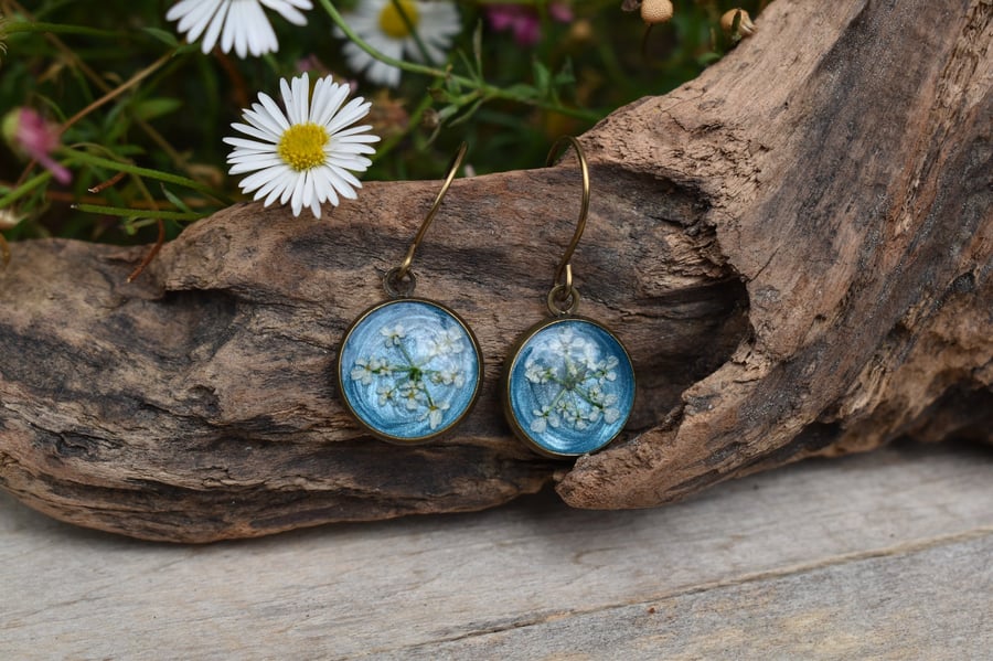 Hypoallergenic Real Pressed Flower Resin Earrings, Titanium Ear Hooks, Blue