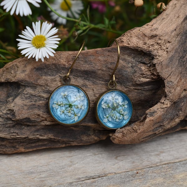 Hypoallergenic Real Pressed Flower Resin Earrings, Titanium Ear Hooks, Blue