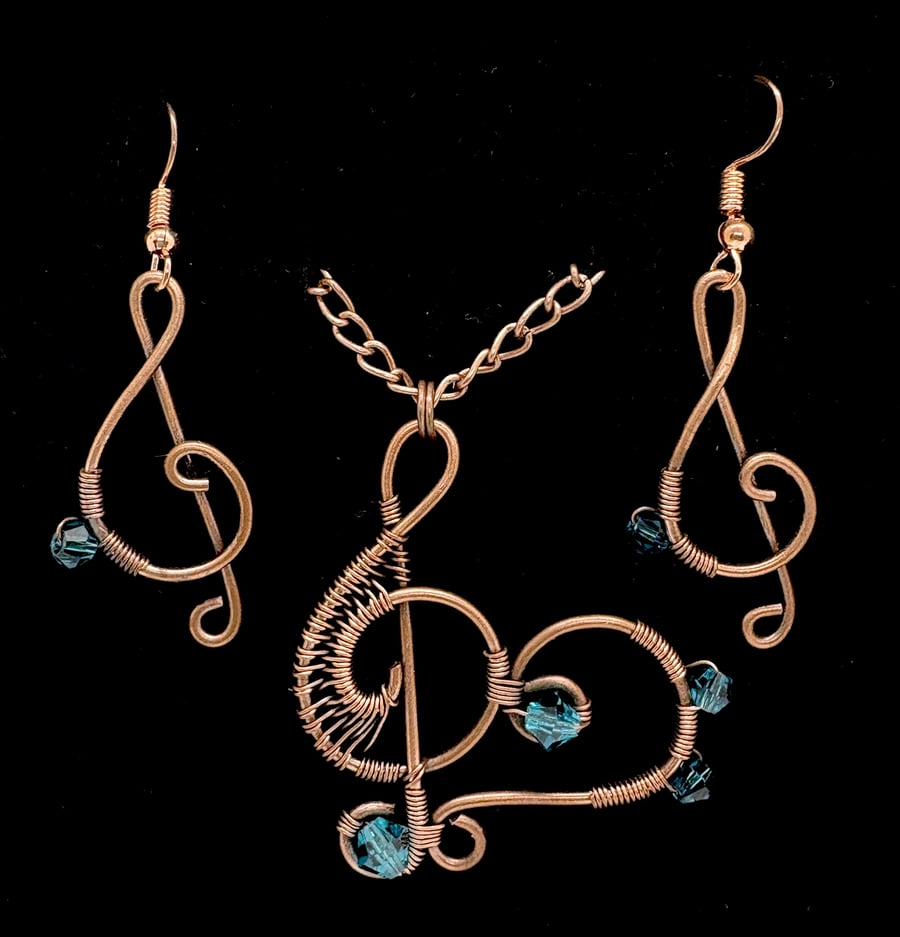 Antique copper wire musical pendant & earring set