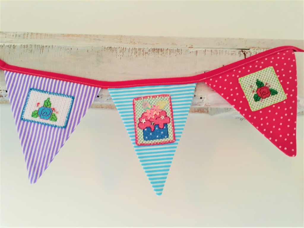 Summer Seconds Cross stitch Cake and Flowers bunting with sequin detail