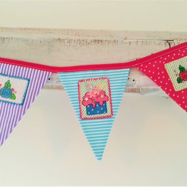 Summer Seconds Cross stitch Cake and Flowers bunting with sequin detail