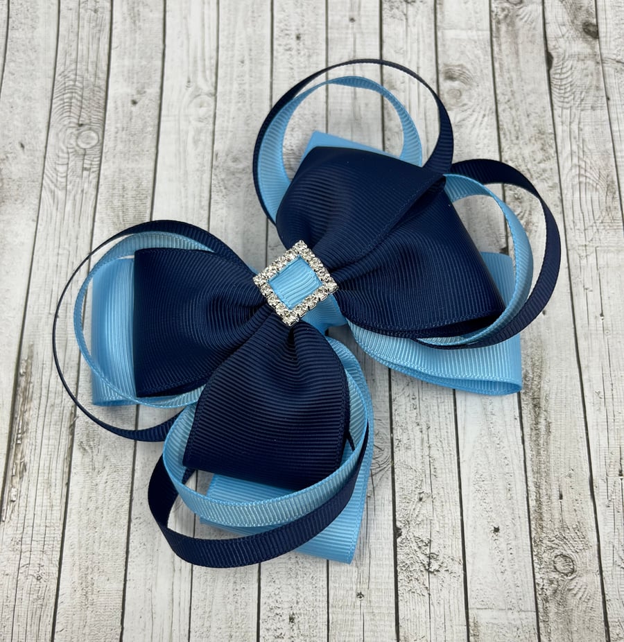 Large 5 inch Navy and Light Blue Double Layer Bow with Double Loops