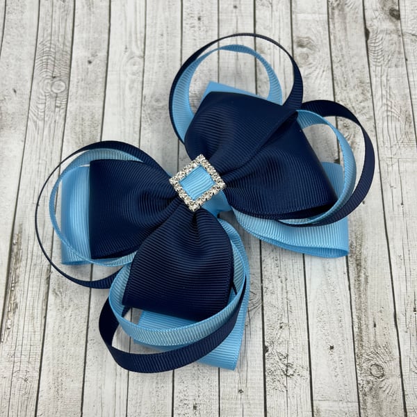 Large 5 inch Navy and Light Blue Double Layer Bow with Double Loops