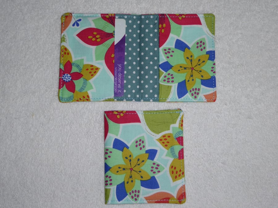 Flip Card Wallet. Flowers on Pale Green Print Fabric