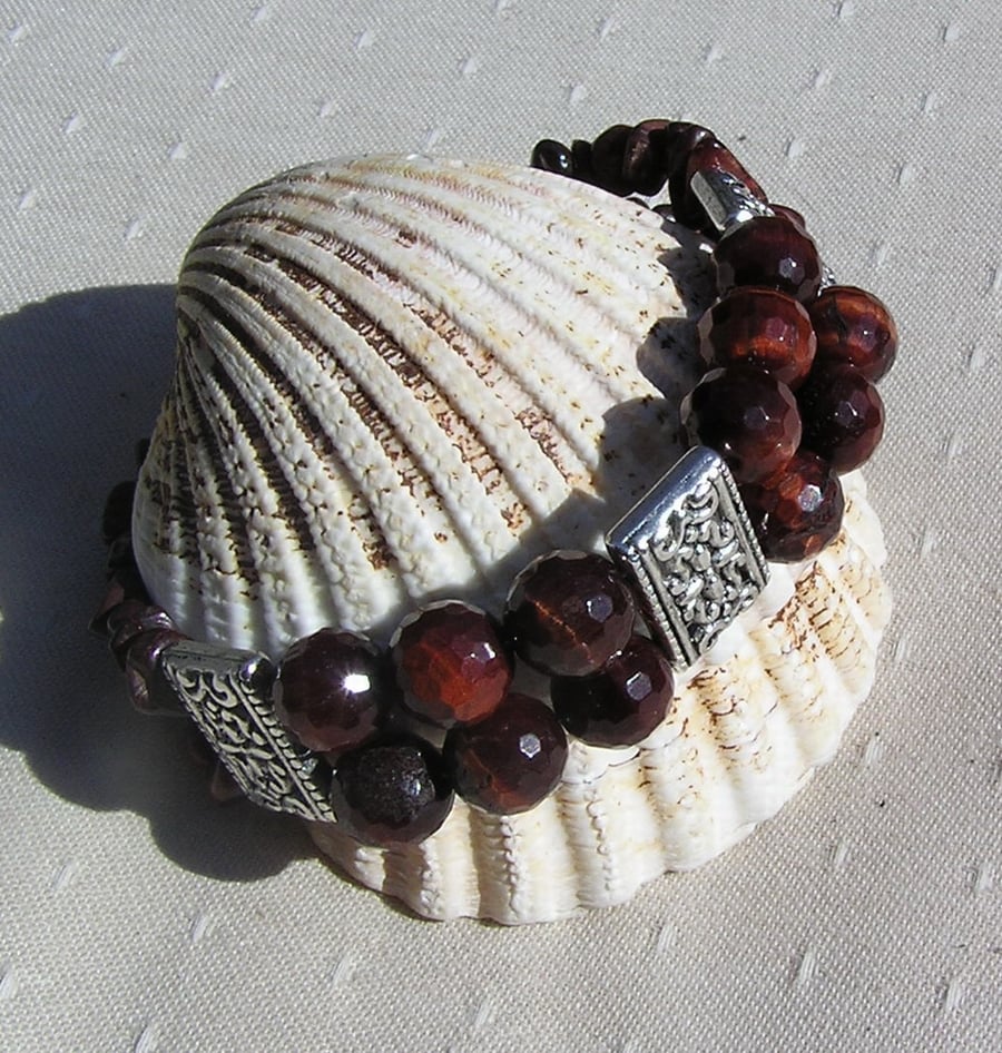 SALE - Red Tigers Eye Crystal Gemstone Beaded Chunky Bracelet "Tiger Tiger"