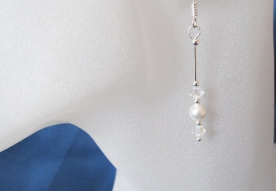 White Swarovski Pearls, Crystals & Sterling Silver Tubes Long Drop Earrings