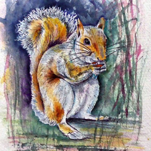 Squirrel Original Fine Art Painting Wildlife Watercolour 